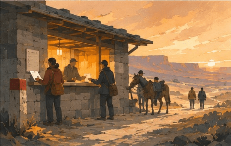 Figures at a route marker looking out over the mesa at sunset